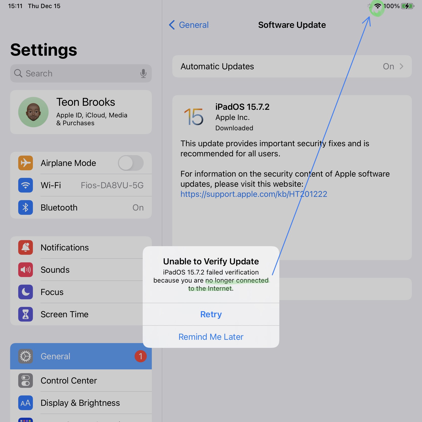 iPad failing to update. Says there's no wifi but clearly I'm connected to the wifi